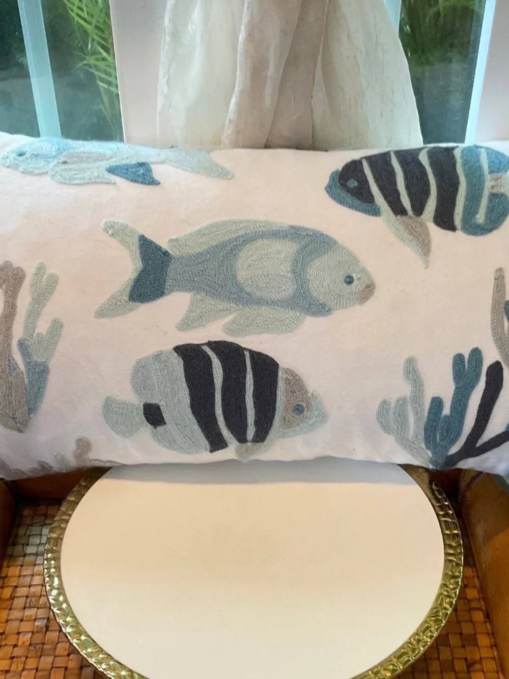Blue & White Embroidered Knitted Fish Throw Pillow